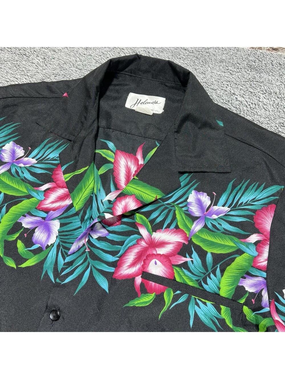 Vintage 70's Helena’s Hawaiian Shirt Mens LG Made in Hawaii Aloha Hibiscus Black